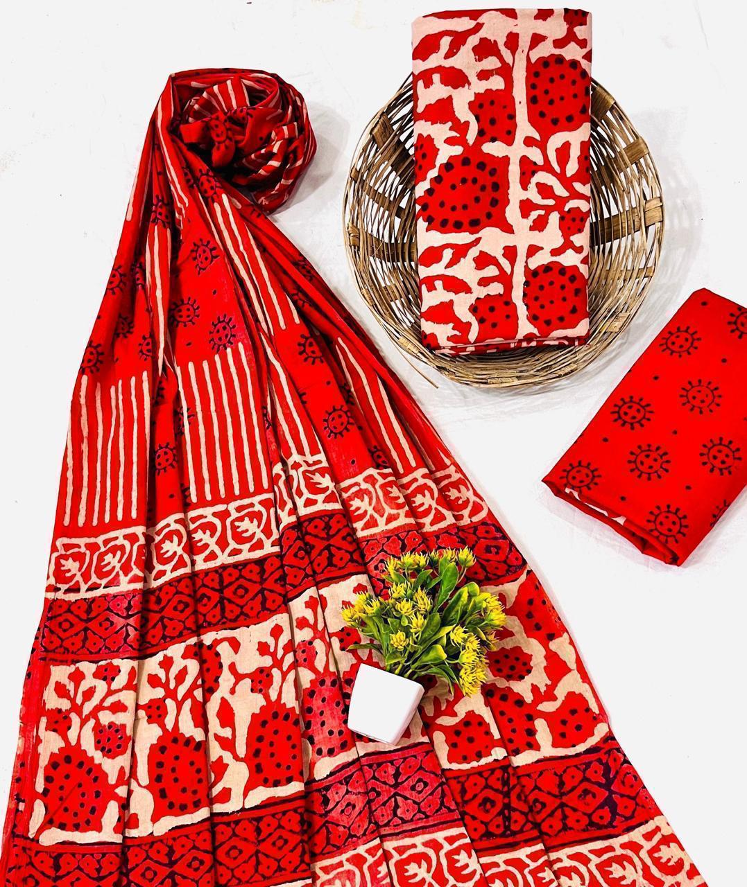 Wholesale Handblock Printed Cotton Mul Mul Dress Material Set with Mul Dupatta – Red Color, Handcrafted in Rajasthan for Designers, Boutiques, and Bulk Orders